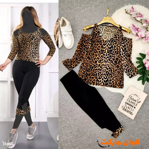 خرید-ست-بلوز-شلوارک-زنانه-فلامنت-سرشونه-باز-پلنگی-کد-g3395