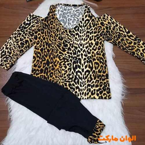تولید-ست-بلوز-شلوارک-زنانه-فلامنت-سرشونه-باز-پلنگی-عمده-کد-g3396