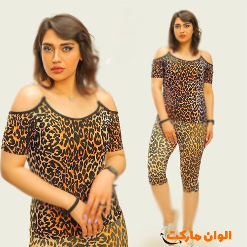  خرید-ست-بلوز-شلوارک-زنانه-فلامنت-سرشونه-زنجیری-پلنگی-کد-g3397
