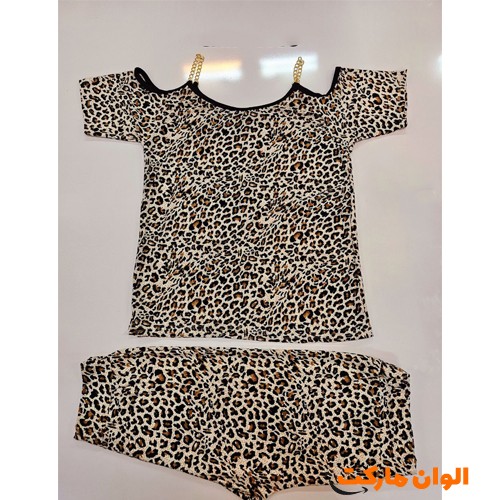 تولید-ست-بلوز-شلوارک-زنانه-فلامنت-سرشونه-زنجیری-پلنگی-عمده-کد-g3398