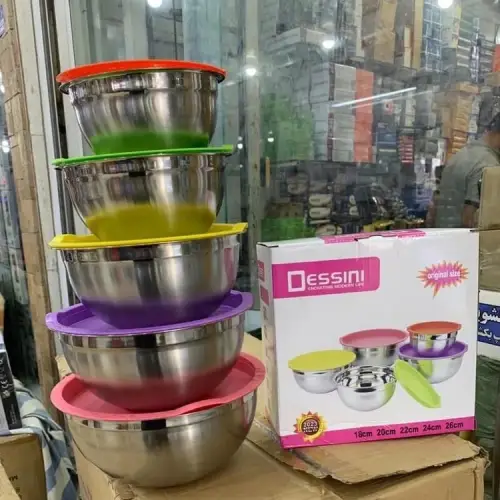 خرید سرویس کاسه استیل نقره‌ای درب دار ۵ تیکه دسینی کد P149