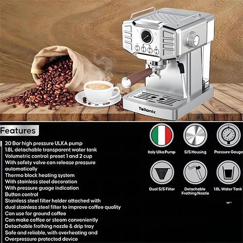 Telionix TEM5158 Espresso Machine | 20‑Bar Italian Pump & Professional Design