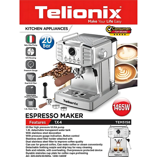 Telionix TEM5158 Espresso Machine | 20‑Bar Italian Pump & Professional Design