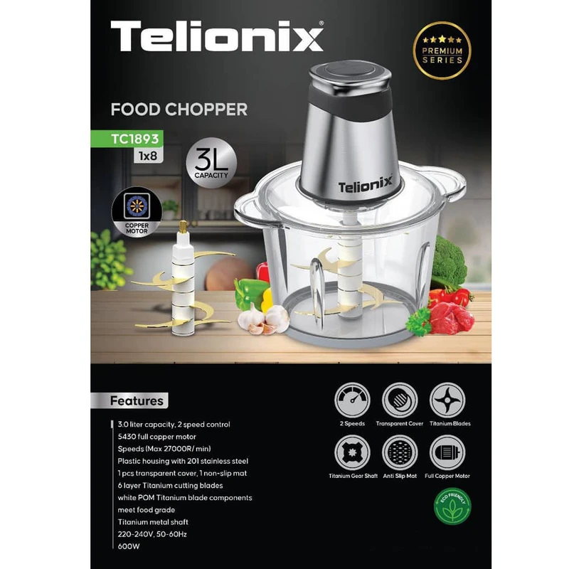 Telionix 1893 Food Chopper | 4L Titanium Blades, 1000W, 2-Speed