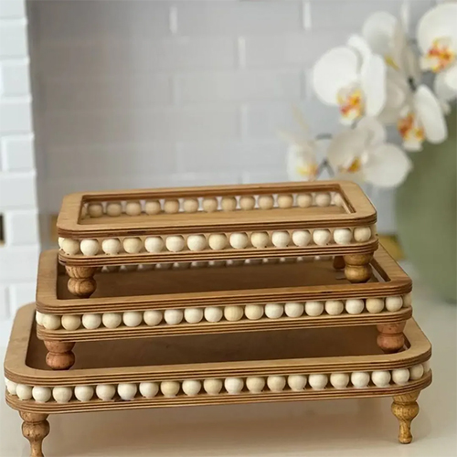 3-Piece Rectangular Beaded Wooden Serving Set | Elegant & Traditional Design