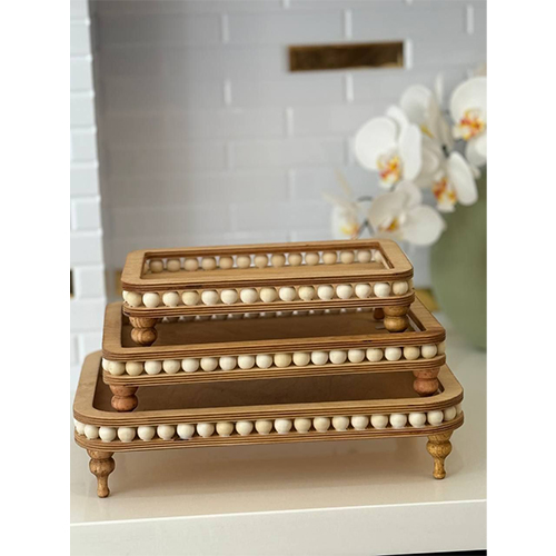 3-Piece Rectangular Beaded Wooden Serving Set | Elegant & Traditional Design