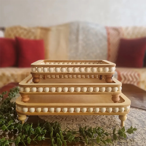 3-Piece Rectangular Beaded Wooden Serving Set | Elegant & Traditional Design