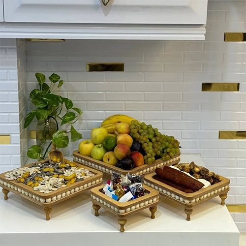 Wooden Square Tray Set - 4 Piece Decorative Beaded Design | Alvan Market