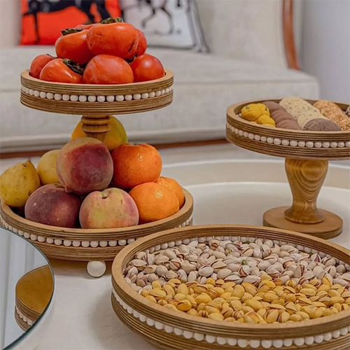  Wooden Round Tray Set 4-Piece with Decorative Beads