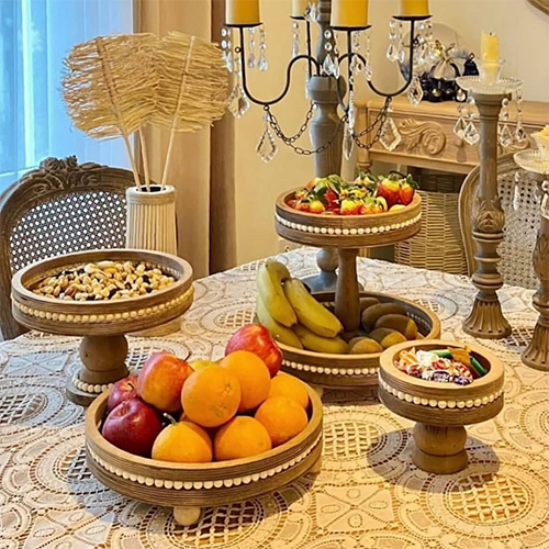  Wooden Round Tray Set 4-Piece with Decorative Beads