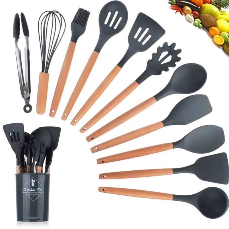 پخش سرویس 12 پارچه ابزار آشپزخانه سیلیکونی نسوز دسته بامبو Kitchen set کدt667عمده