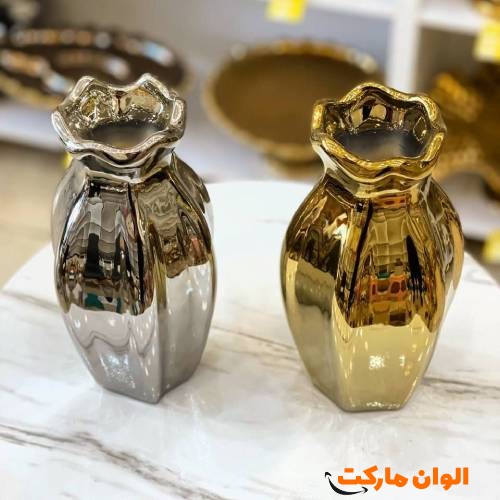 گلدان-طلایی-و-سیلور-دکوری-براق-سرامیکی-کد-e165-تک-و-عمده
