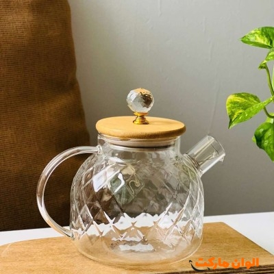 قوری پیرکس طرح دار در چوبی DELI سایز 1000 میل کد E193 تک و عمده