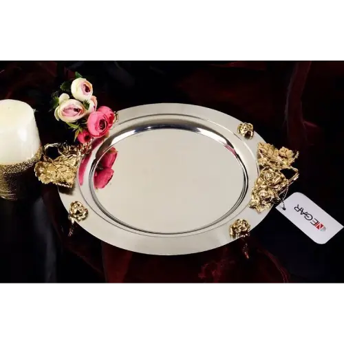 خرید سینی بیضی خاص برند نگار استیل مدل رز  تک و عمده کد t1190