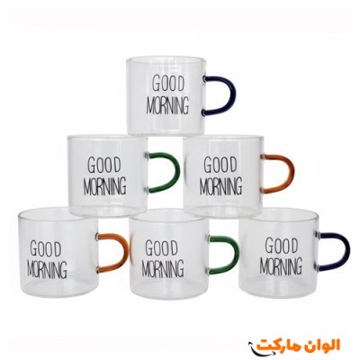 پخش فنجان مدل شات قهوه پیرکس دسته رنگی طرح GOOD MORNING - بی رنگ تک و عمده کد Z1464