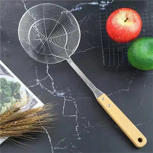 Stainless Steel Oil Strainer with Wooden Handle | Buy Large Kitchen Skimmer