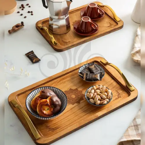 پخش سینی چوبی مستطیل دسته طلایی طرح دار کد E1192 تک و عمده
