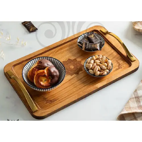 سینی چوبی مستطیل دسته طلایی طرح دار کد E1191 تک و عمده
