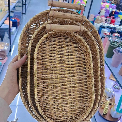 خرید سینی حصیری دسته بامبو مدل بیضی سه عددي تک و عمده کد Z2129