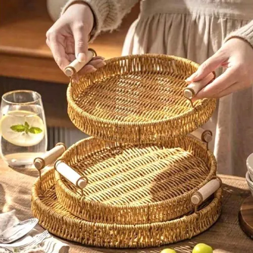 سینی دسته دار ۳ تیکه حصیری بامبو تک و عمده کد G5496