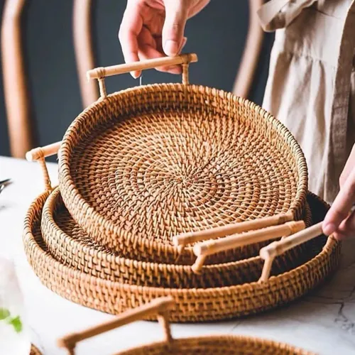 پخش سینی دسته دار ۳ تیکه حصیری بامبو تک و عمده کد G5497