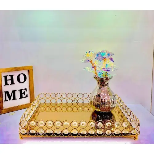 خرید سینی پذیرایی نگینی طلایی کد E1819 تک و عمده