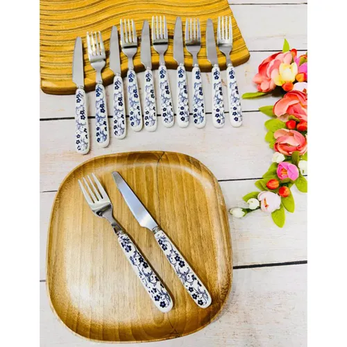 خرید ست کارد و چنگال گل آبی دسته سرامیک تک و عمده کد G6971