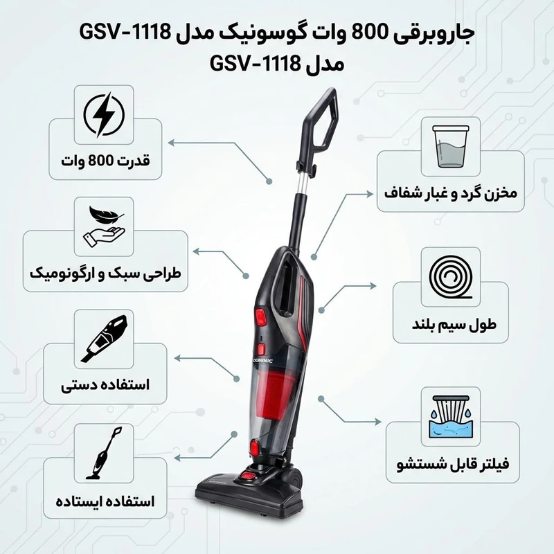 جاروبرقی عصایی گوسونیک مدل GSV-1118 | موتور 800 وات | دوکاره ایستاده و دستی | فیلتر HEPA | مخزن 1 لیتری | مکش قدرتمند | رنگ مشکیN1121