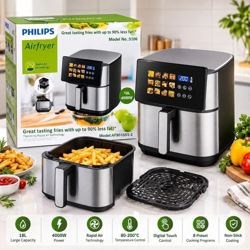 سرخ‌کن بدون روغن فیلیپس مدل AF903SSS-2/5106 ظرفیت ۱۸ لیتر و تکنولوژی Dual HeatFlow کد PH8821