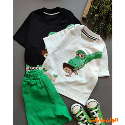 طقم تي شيرت وشورت بتصميم ديناصور للأولاد والبنات C026