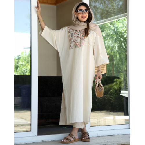 Women's coat, coat and sundress model, collar-archal, free size, combination of natural linen and guipure-c