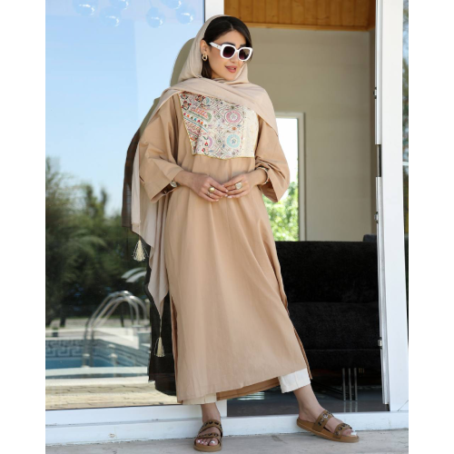 Women's coat, coat and sundress model, collar-archal, free size, combination of natural linen and guipure-c