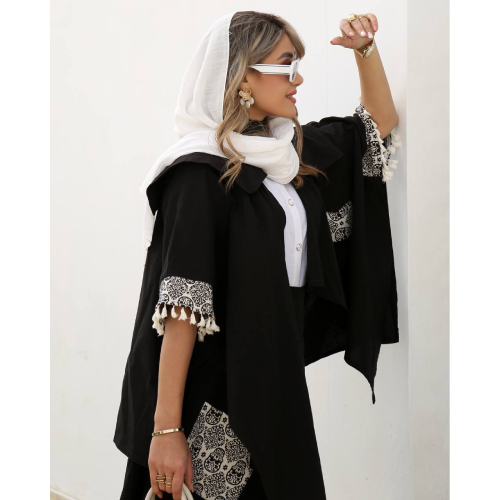 Women's coat, model Salmaz, free size, linen and guipure combination
