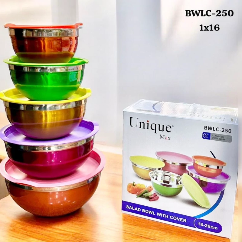 خرید کاسه استیل 5 تیکه سر دار رنگی یونیک مدل BWLC- 250 تک و عمده کدZ224